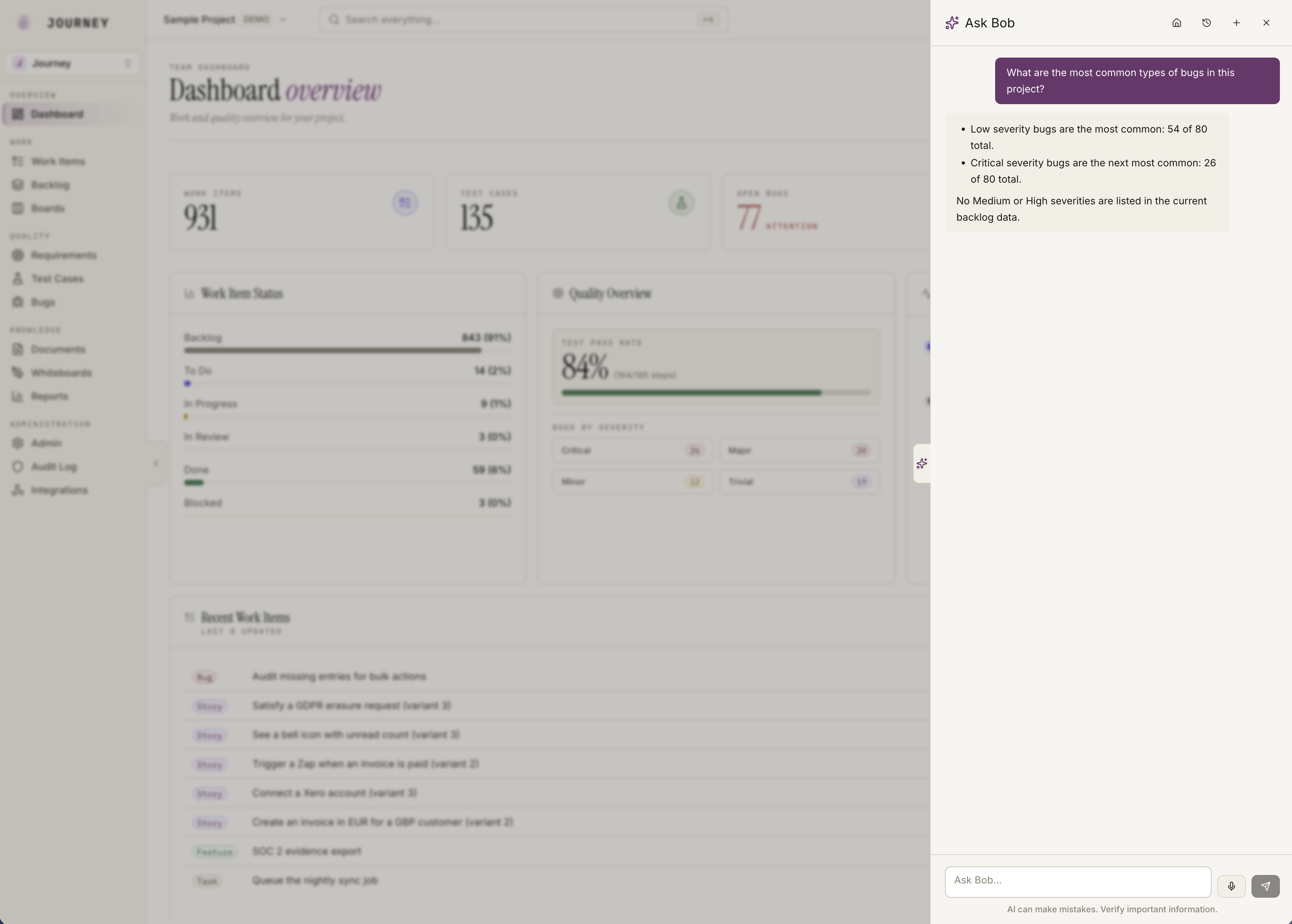 JourneyALM AI assistant answering questions grounded in workspace content