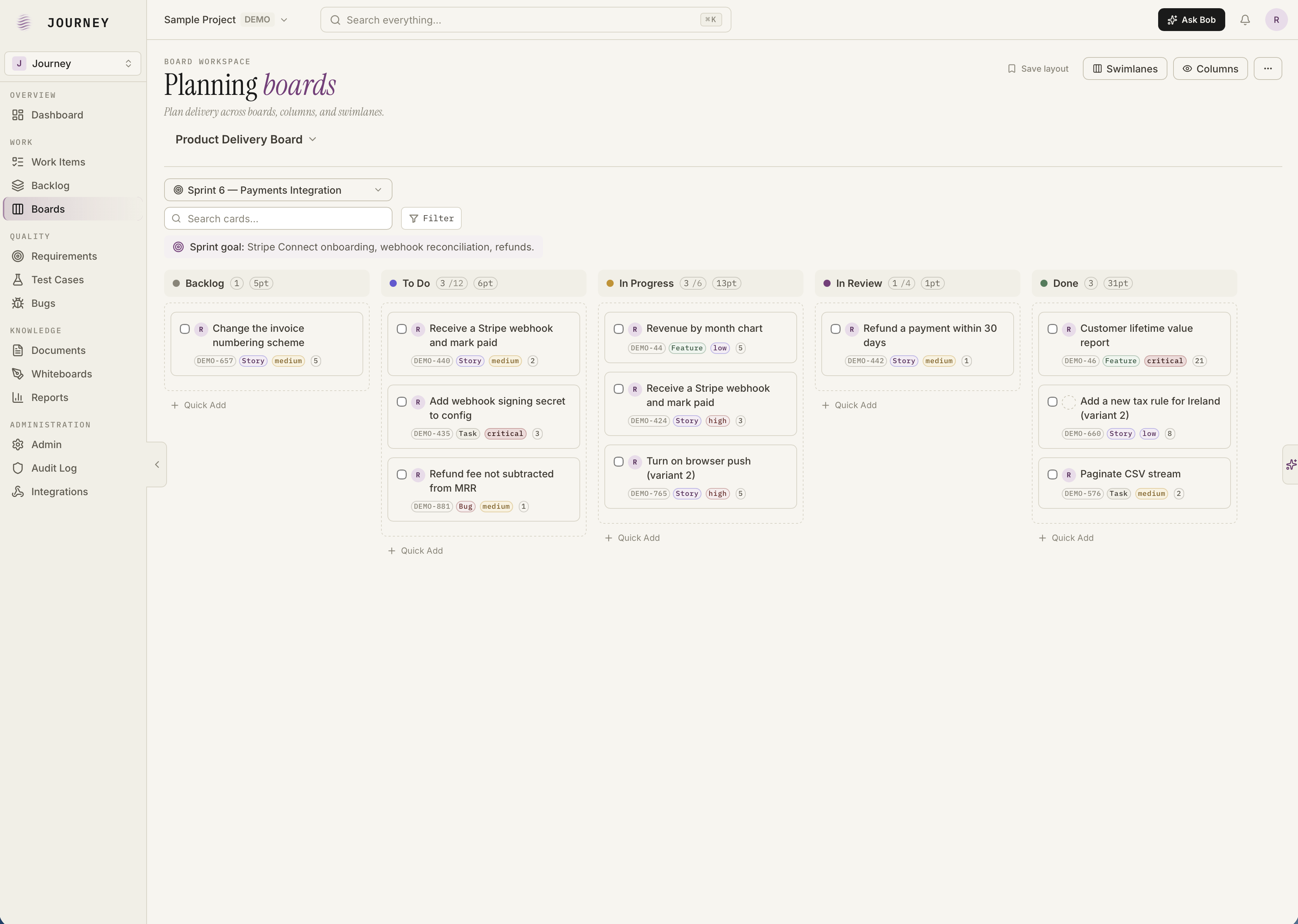 JourneyALM Kanban board with swimlanes, WIP limits and work item cards
