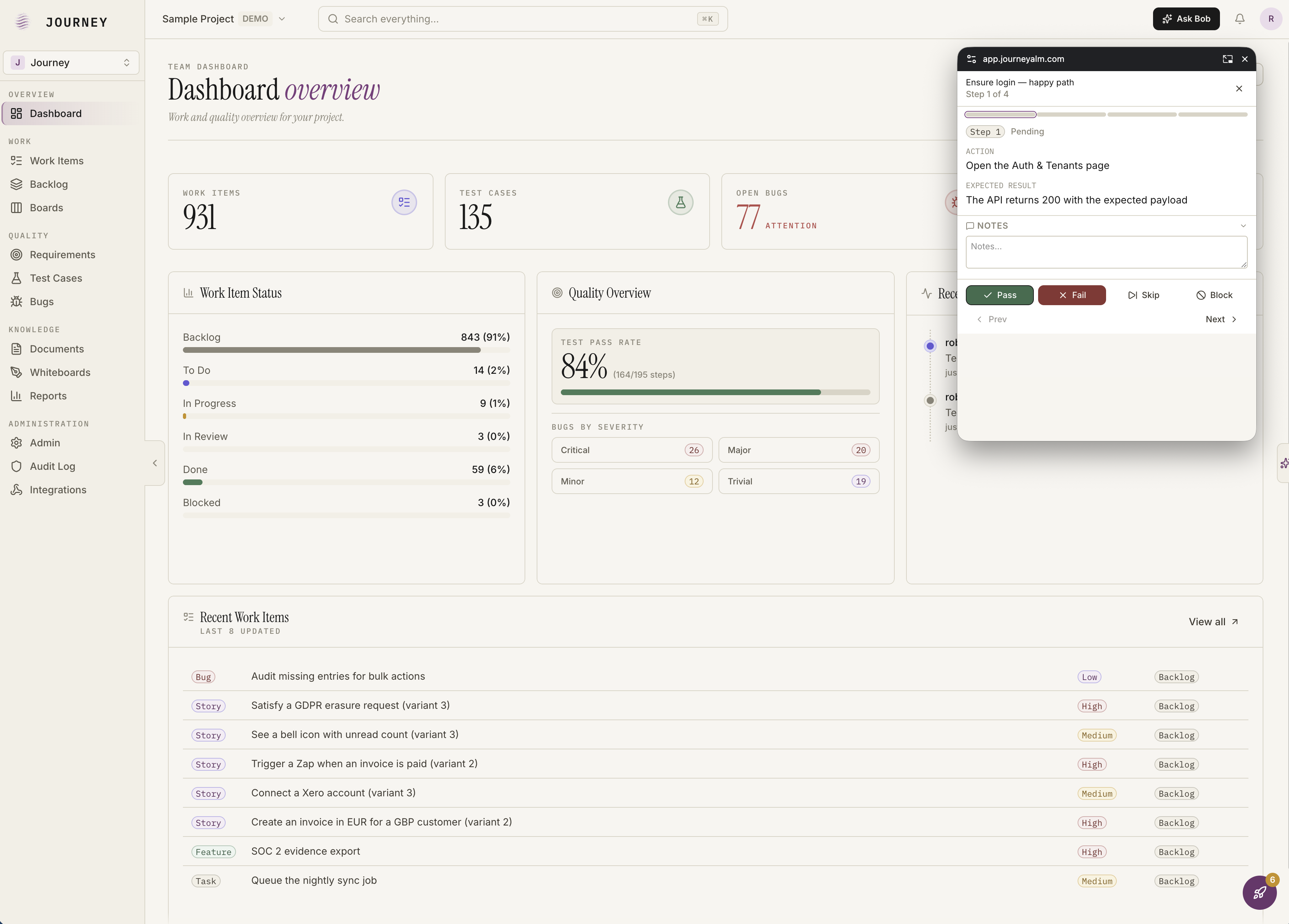 JourneyALM guided test runner with step verdicts and evidence capture