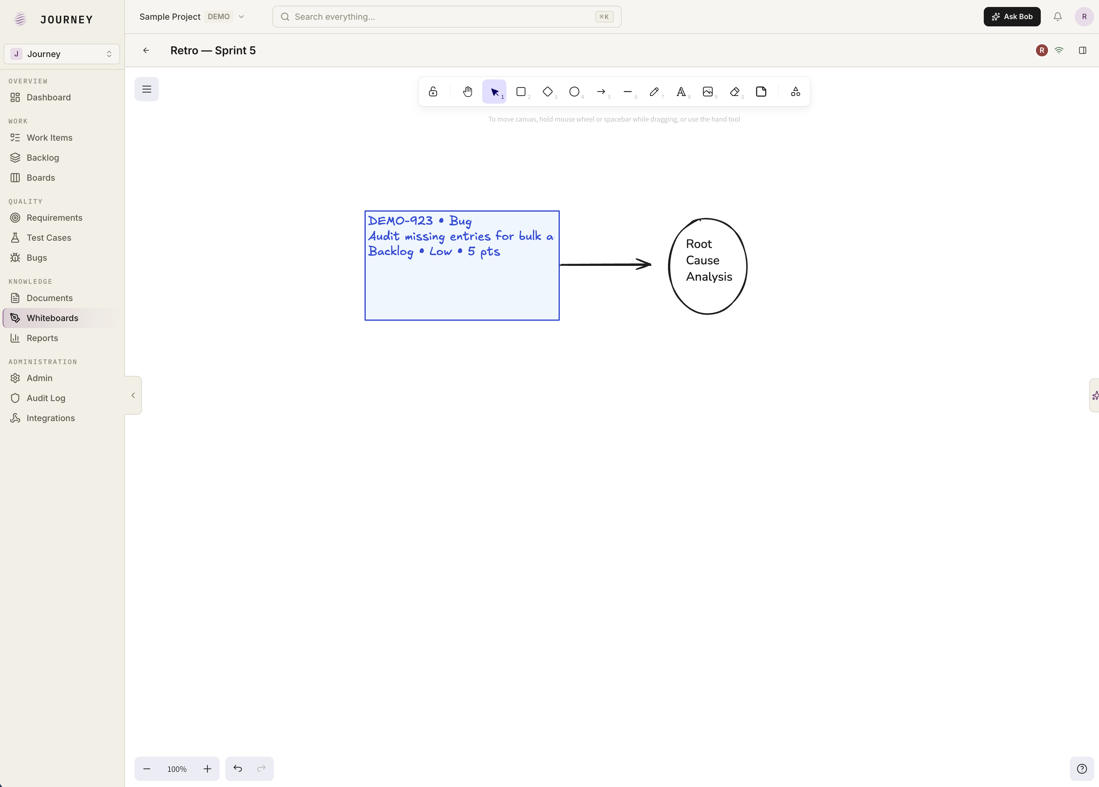 JourneyALM collaborative whiteboard with shapes bound to live work items
